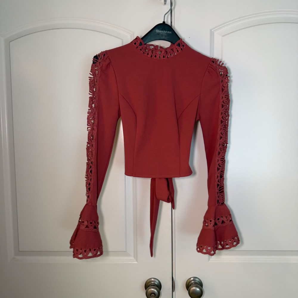 Saints + Secrets Rust Crochet Lace Open Back Tie Crop Top Bell Sleeve XS